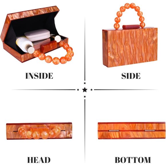 Women's Orange Acrylic Marbling Clasp Closure Formal Wedding Cross Body Clutch - Picture 3 of 6